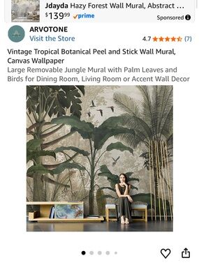 Brand New in Box Vintage Tropical Green Botanical Peel-and-Stick Wall Mural